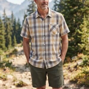Columbia Mens XXL Regular Fit Plaid Short Sleeve Button Down Shirt Tan Grey